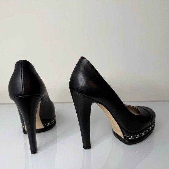 Chanel Black Leather Platform Silver Chain Pump Heel Shoes Sz 36 EU CC Cap Toe - Picture 8 of 12